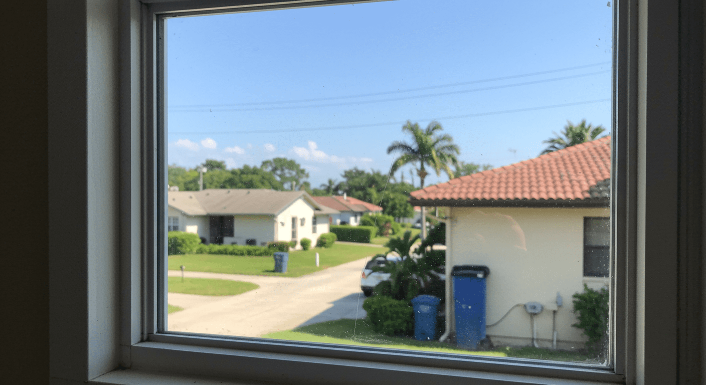 A close-up of a freshly repaired window with clear glass, highlighting the quality of the repair work. The background shows a sunny West Palm Beach neighborhood, emphasizing a sense of community and satisfaction.