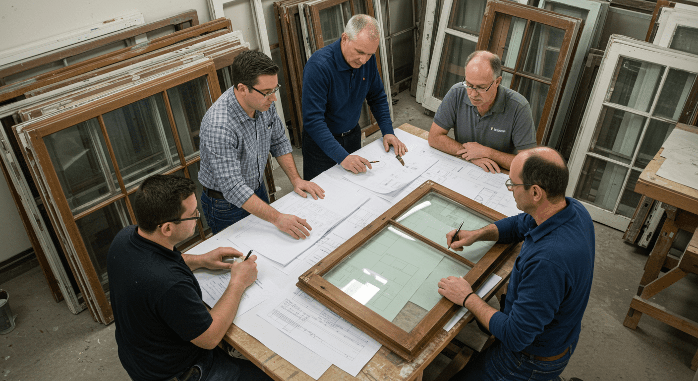 A team of restoration experts collaborating on a project, discussing plans while surrounded by various window sashes in different stages of restoration. The image conveys teamwork and professionalism in the restoration process.