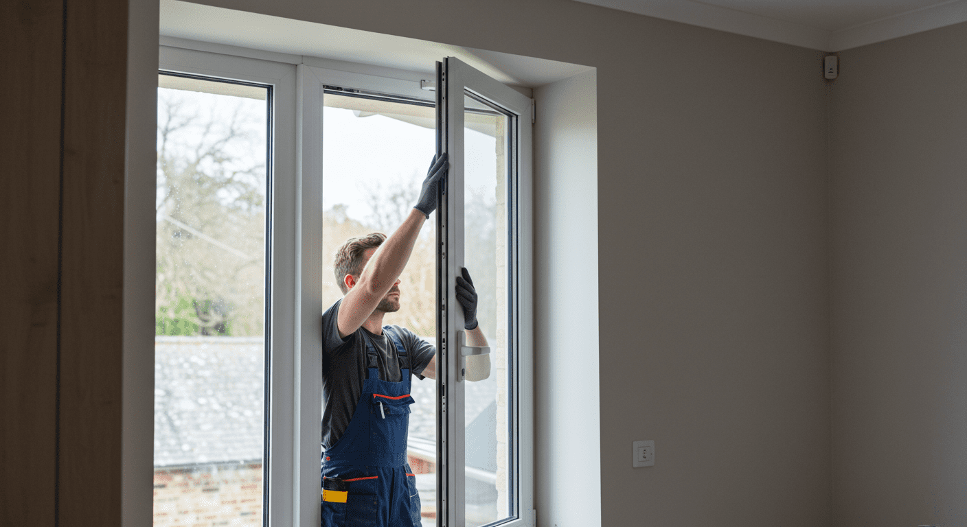 A skilled technician is installing a modern window in a bright, airy living room. The focus is on the technician's precise movements and the sleek window design.