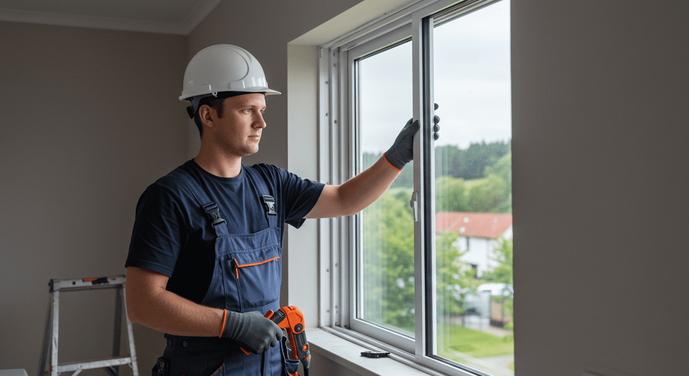 A professional technician installing a new window pane in a modern home, showcasing the precision and care taken during the installation process.
