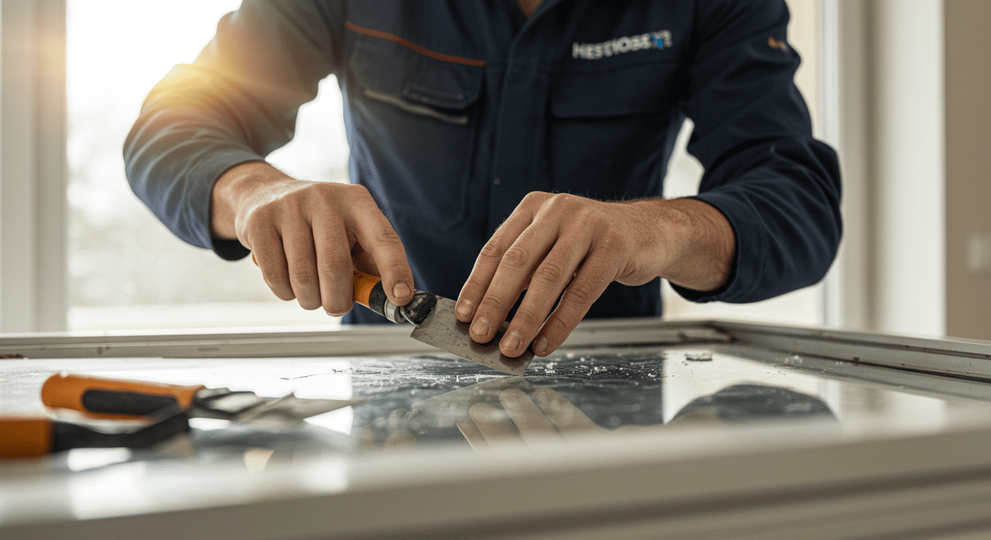 A professional technician repairing a window with tools in hand, showcasing the process of fixing a broken window.